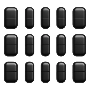 Minimalistic futuristic black medicine pills pack emoji, metallic black and white, reflective sleek surfaces, flat vector design, high-tech clean UI icon sticker