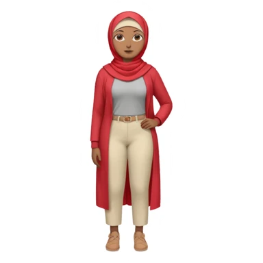 Heavy-set woman with medium-brown skin wearing a light red hijab, cream top, light red pants, tan shoes, and a grey prosthetic leg. Standing confidently with one hand on her hip sticker