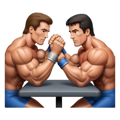 Arnold Schwarzenegger and Sylvester Stallone from 'Over the Top,' locked in an arm wrestling battle, using only their right hands. Their left hands rest on the table. Both display immense strength, with muscular arms flexing, under bright competition lights. Transparent background. sticker