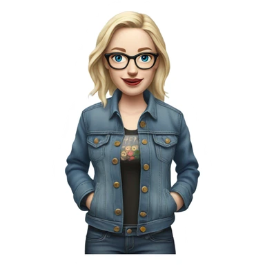 Create a Hyper Realistic pale beautiful tattooed 3D woman with glasses and blue eyes wearing denim jacket sticker