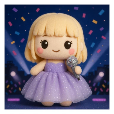 Pretty and girly Blonde pop star with bangs wearing a sparkly tulle light purple ballgown, holding a bedazzled microphone, reimagined as a soft kawaii plushie doll, with a nighttime concert backdrop with colorful confetti sticker