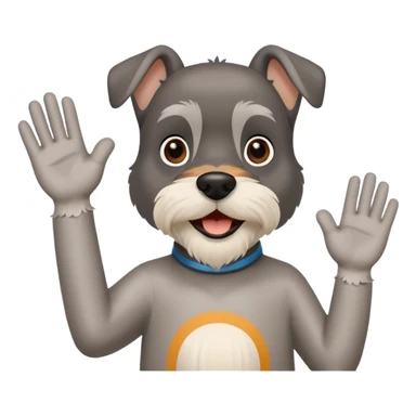 Happy Schnauzer waving hello. A speech bubble with HELLO sticker