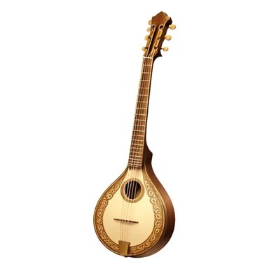 Bouzouki – Cinematic Realistic Bouzouki, depicted as a beautifully crafted Greek string instrument with a long neck and ornate fretwork, its polished wooden body reflecting warm golden light, set on a rustic background with soft shadows that evoke traditional Mediterranean music. sticker