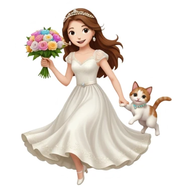 White woman - long hair - white wedding dress - holding a kitten - happy - jumping - fashionable - elegant - bouquet - dreamy - colorful - pearl accessories sticker