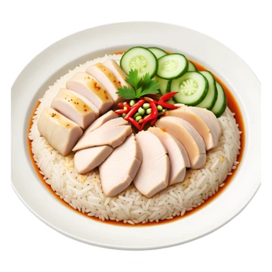Singapore Hainanese chicken rice with sliced chicken, fragrant rice, cucumber and chili sauce sticker