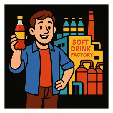 cartoon style illustration of a friendly man in casual clothes, standing in front of his modern soft drink factory, holding a bottle with a random generic label, introducing his drink, vibrant and professional, black background sticker