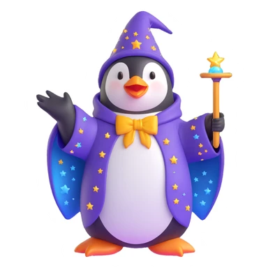 cute penguin wizard casting a spell, with sparkles and a starry robe, 3D emoji style sticker