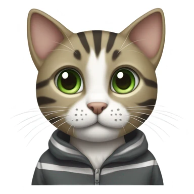 A tabby cat with a white chest and paws, large green eyes, and perked ears. It has a sleek, striped coat with a mix of dark gray and white tones. sticker