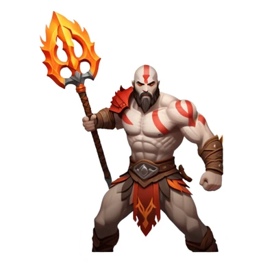 An icon showing a powerful warrior wielding a weapon, inspired by God of War: Ragnarok. The design captures the character’s strength, with dynamic motion lines. A fiery, mythological background with mountains and ruins enhances the epic atmosphere. Transparent background. sticker
