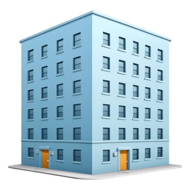 light blue rectangular 9-story apartment building surrounded by fence, closed courtyard, minimal flat vector icon, friendly clean design sticker