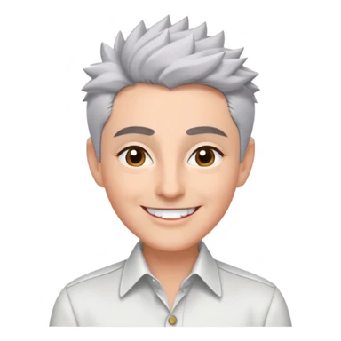 Close-up portrait of Marian Pabón with defined facial structure, light pinkish skin, almond eyes, arched eyebrows, charismatic wide smile, short spiky gray hair, wearing a formal white buttoned shirt sticker