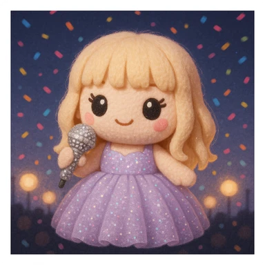 Pretty and girly Blonde pop star with bangs wearing a sparkly tulle light purple ballgown, holding a bedazzled microphone, reimagined as a soft kawaii plushie doll, with a nighttime concert backdrop with colorful confetti sticker