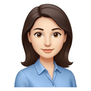 Professional woman in her 30s with light complexion, oval face, gentle features, large dark brown eyes, well-formed medium eyebrows, small nose, warm friendly smile, long slightly wavy dark brown hair with soft volume, wearing a light blue dress shirt sticker
