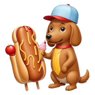 Make me a dog with a hot dog body suit a ketchup hat and he is eating ice cream while being pet by owner sticker
