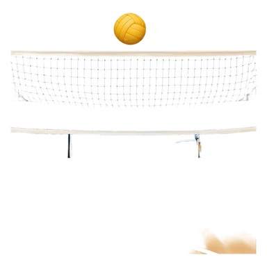 A close-up of a volleyball on the court, with the net in focus and the court markings visible. The background shows the stands filled with spectators, creating an energetic atmosphere of a volleyball match, with attention to detail on the equipment and the surrounding environment. sticker