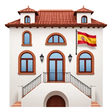 White stucco Spanish villa with red clay tile roof, arched windows, with Spanish flag (red-yellow-red horizontal stripes) hanging from the balcony sticker