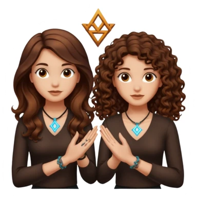 shared idea — long wavy brown hair tattooed woman and short tight curly brown hair woman — glowing rune between hands sticker