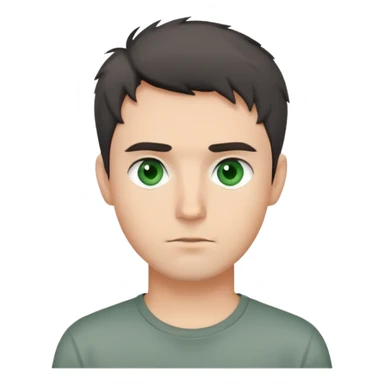 man with dark messy short hair, dark green eyes, wearing a gray t-shirt sticker