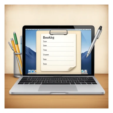 online booking system on MacBook screen next to an old-style paper notebook with a pen sticker