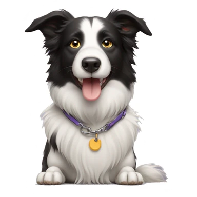 Border collie dog sitting down with tongue out and leash sticker