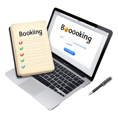 online booking system on MacBook screen next to old-style paper notebook with pen sticker