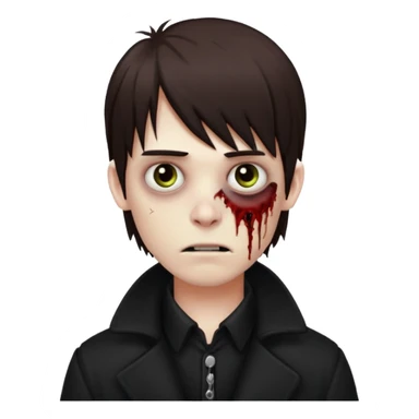 Zombie, emo guy with dark circles under his eyes and medium brown hair with straight bangs, in a black long
 sticker