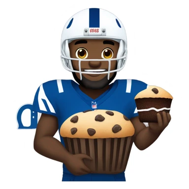 Black man with beard while wearing Colts symboled football helmet eating a chocolate chip muffin sticker