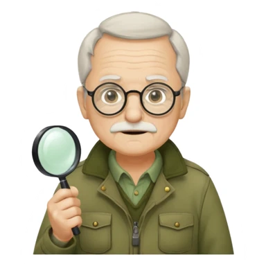 old man in beige moss green explorer outfit, wear black glass, hat, holding magnifying glass sticker