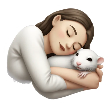white brunette sleeping woman cuddling with one tiny white rat with red eyes sticker