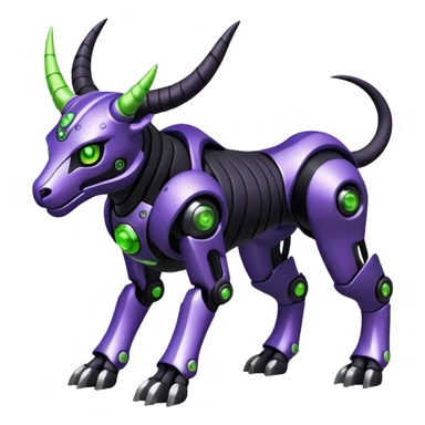 Futuristic mechanical cyborg horned modern badass cool shiny metallic alloy black-obsidian purple neon-green white lime animal hybrid Fakemon full body with intricate patterns sticker