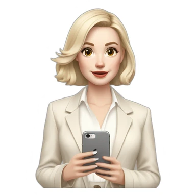 pale skin woman with ash blonde Straightened bob Hair, White Spacious classical jacket, beige palazzo Arrow pants and gray blouse holding white IPhone 14 pro in the hands sticker