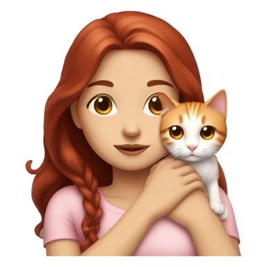 girl with long very dark red hair and dark brown eyes and light pink outfit hugging a white & ginger cat  sticker