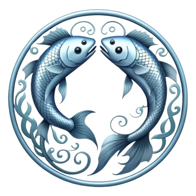 The zodiac symbol Pisces. Two fish in a “yin-yang” formation. One fish’s head is facing the other fish’s tail, and vice versa forming a hoop sticker