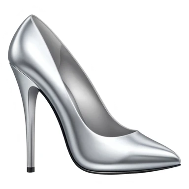 A pair of high heel shoes emoji made of polished silver chrome, elegant sharp silhouette, smooth metallic surface, glossy reflections, luxury sexy vibe, minimalistic iOS emoji style, centered, clean white background sticker