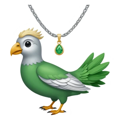 un oiseau classique tout vert avec un collier autour de son cou avec des breloque argentées et un seul poil blond qui fait une petite bouclette sur le front le collier est autour de son cou sticker
