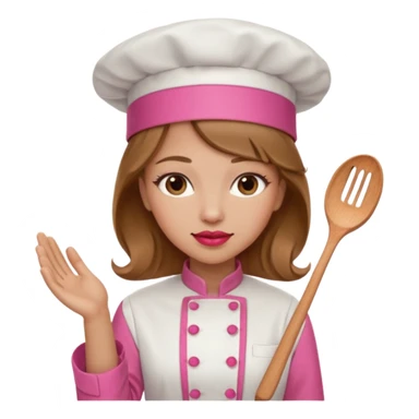 Girl in pink chef outfit, light brown hair, light skin, red lipstick sticker