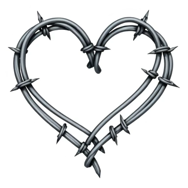 Minimal black line art heart made from barbed wire, hand-drawn sketch look, uneven ink strokes, 6–7 barbs with twisted knots, simple clean outline, centered on plain white background, high contrast sticker