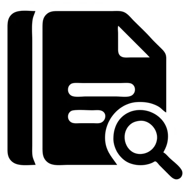 Solid filled icon style with black color and transparent background. Minimalist silhouette of a list sheet with rounded corners and solid fill. Add a magnifying glass icon overlay on the sheet. sticker