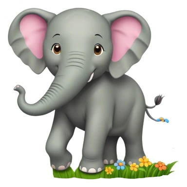 A cheerful elephant walking through a vibrant green meadow, with a bright sun in the sky, small flowers scattered around, and a playful expression on its face. The elephant has a slight smile, and its trunk is raised slightly, as if enjoying the fres sticker