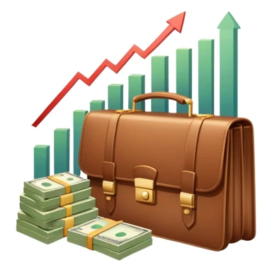 An icon showing a briefcase, a stack of money, and a graph with upward growth, representing business and entrepreneurship. The design highlights innovation, investment, and success in the world of startups and corporate ventures. Transparent background emphasizes the dynamic nature of business. sticker