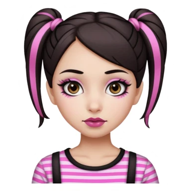 generate a pretty fair bratz girl with dark brown eyes. Dark brown hair straight hair with pink highlights tied into buns.  eyeliner. black lipstick. Wearing a white and black striped top sticker