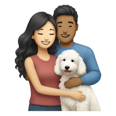 asian couple hugging with a white goldendoodle sticker