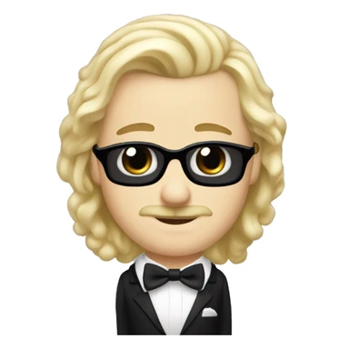 White man long blonde hair wearing a black tuxedo with white bow tie small moustache sticker