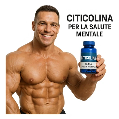 hyper realistic bodybuilder showing blue bottle of Citicolina with smile, defined muscles, text 'Citicolina per la salute mentale', positive atmosphere, white background sticker