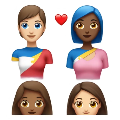 two ladies in love with a heart. the one on the left is a white lady with blue eyes and a brown bob with a pink shirt. the second is a venezuelan lady with brown eyes and dark brown hair with a red dress sticker
