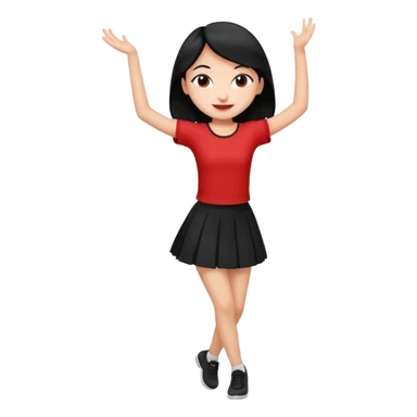 Chicas esbelta con falda corta negra y top rojo,pelo semi largo negro y lacio  super feliz,pero bailando sticker