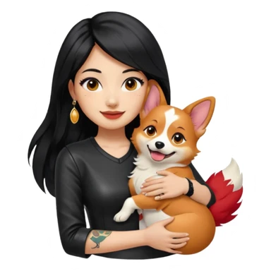 expressive emoji of an Asian girl with long black hair and wispy deep-parted side bangs, wearing a black leather dress, gold earrings, false lashes, and a 3/4 sleeve tattoo on her left arm, hugging a happy red head tri-color corgi, simplified, clear, emoji-like sticker