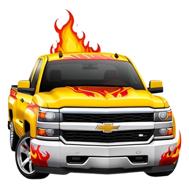 Bright yellow Chevrolet Silverado with bold airbrushed red flame artwork covering entire hood and extending to fenders, authentic Kill Bill custom paint job, 30-degree angle, iOS emoji style sticker