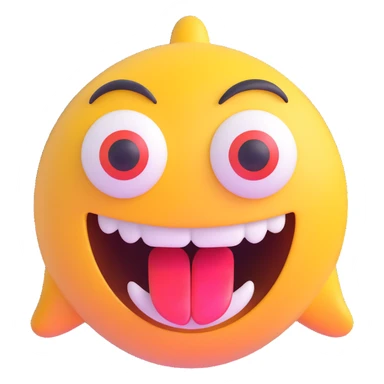 crazy emoji with silly expression, eyes looking in different directions, big open mouth, shiny and colorful, front facing sticker