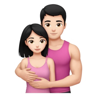 a pretty bratz fair girl. black hair, wearing a pink cami top hugging a handsome fair guy with black hair. lean but muscular who is wearing a black tshirt sticker